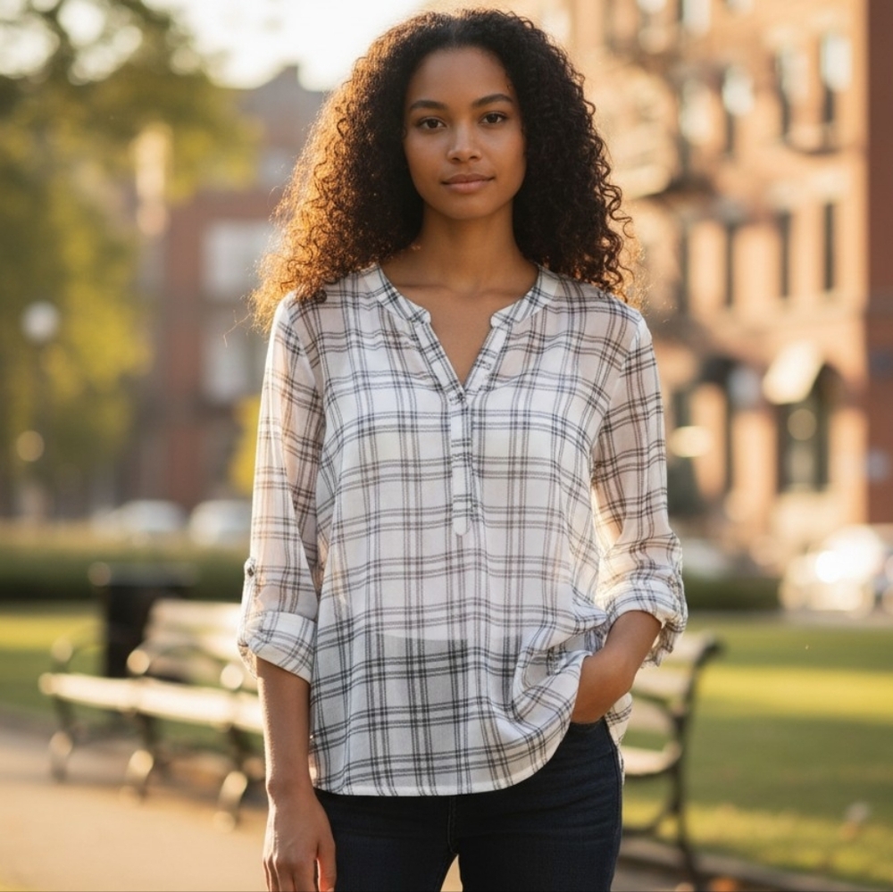 Juniper & Lime Plaid Button-Up Pleated  Women's Top